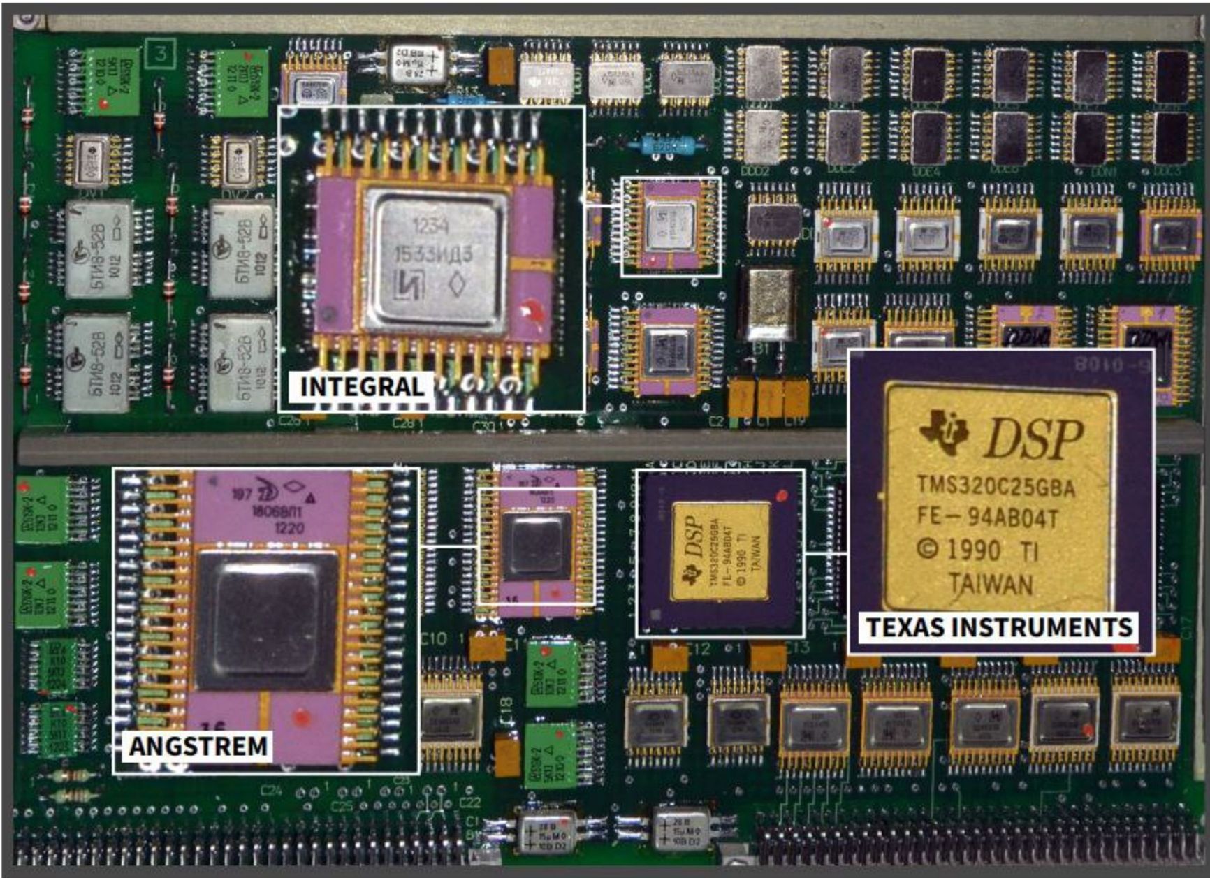 An Angstrem microchip from an Iskander missile on the same board as Western chips